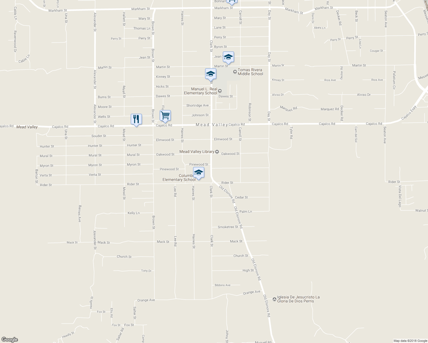 map of restaurants, bars, coffee shops, grocery stores, and more near 19924 Clark Street in Perris