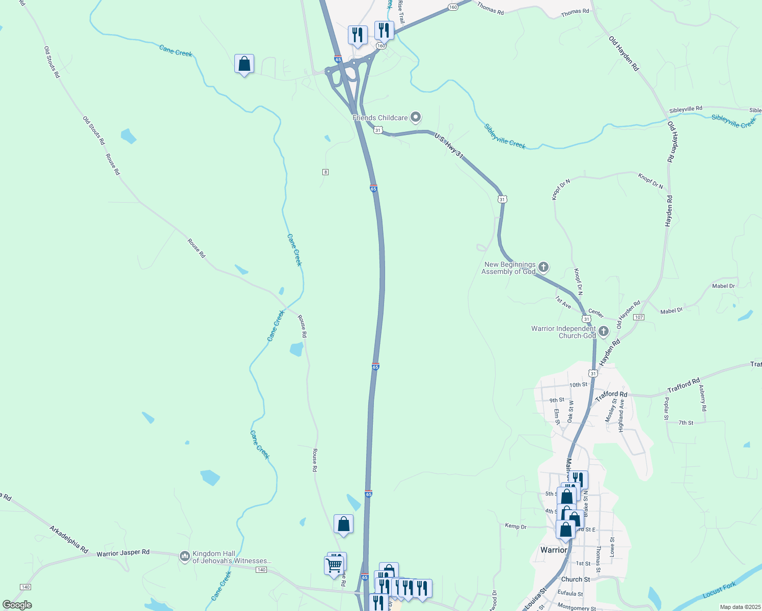 map of restaurants, bars, coffee shops, grocery stores, and more near 11254 US Highway 31 in Warrior