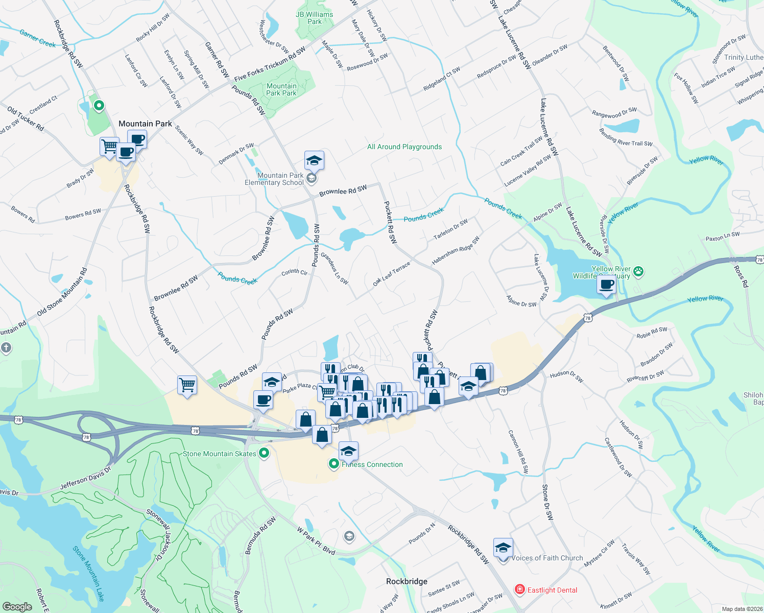 map of restaurants, bars, coffee shops, grocery stores, and more near 5090 Oak Nut Ct in Stone Mountain
