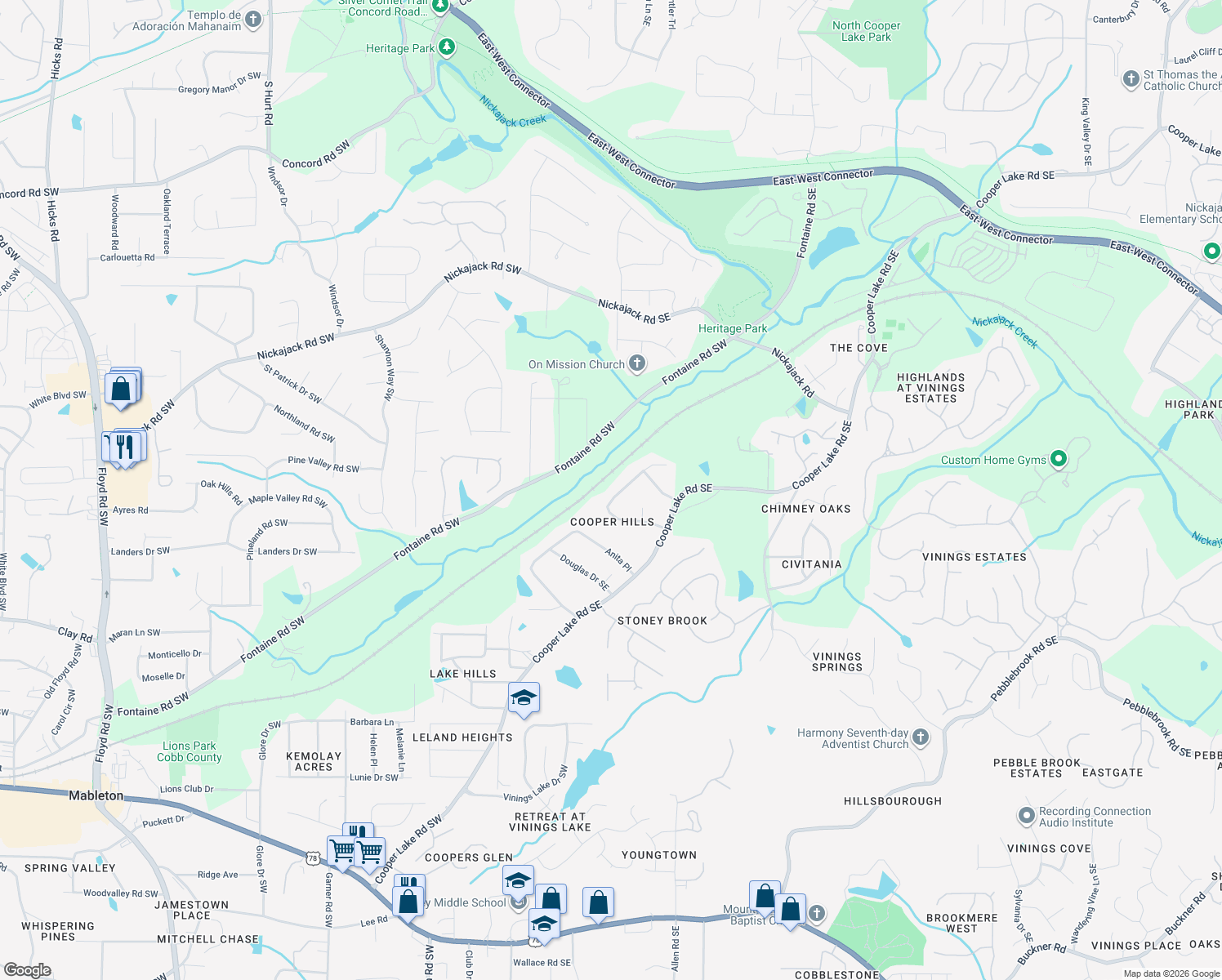 map of restaurants, bars, coffee shops, grocery stores, and more near 182 Wana Cir SE in Mableton