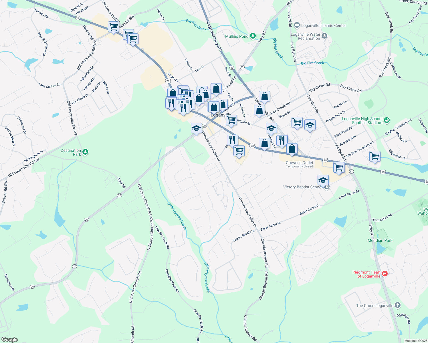 map of restaurants, bars, coffee shops, grocery stores, and more near 806 Village Place in Loganville