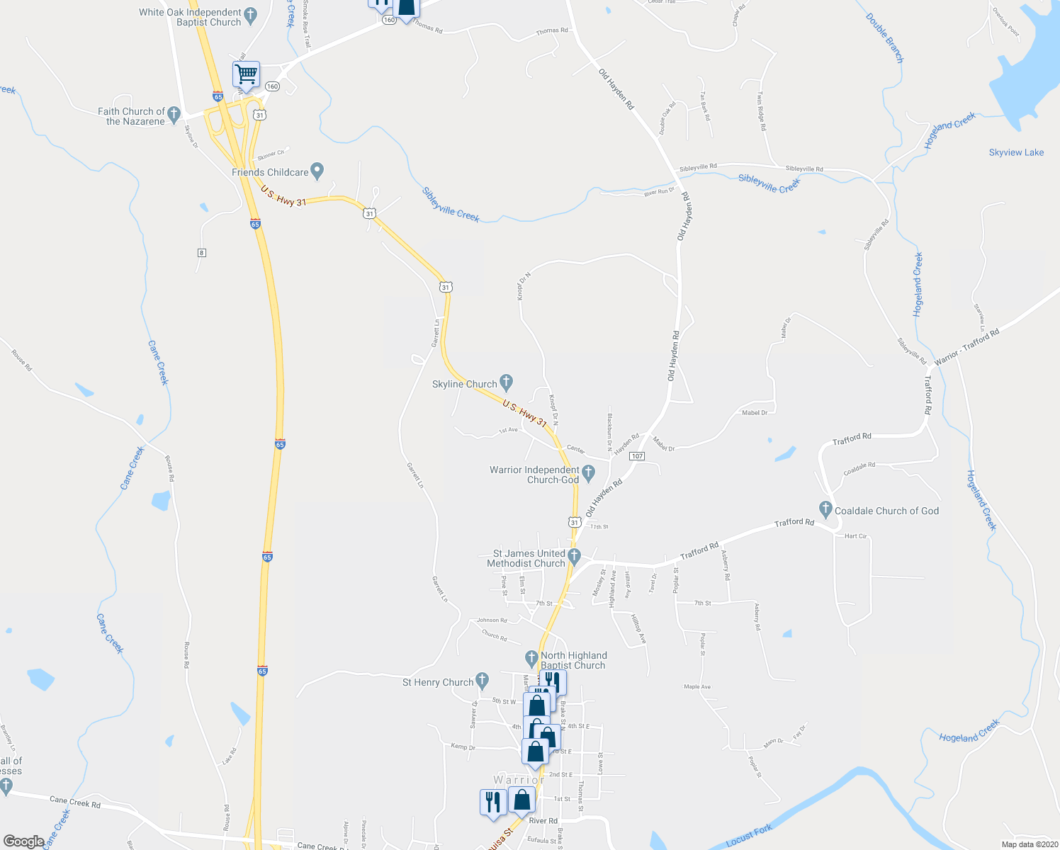 map of restaurants, bars, coffee shops, grocery stores, and more near 512 1st Avenue in Warrior