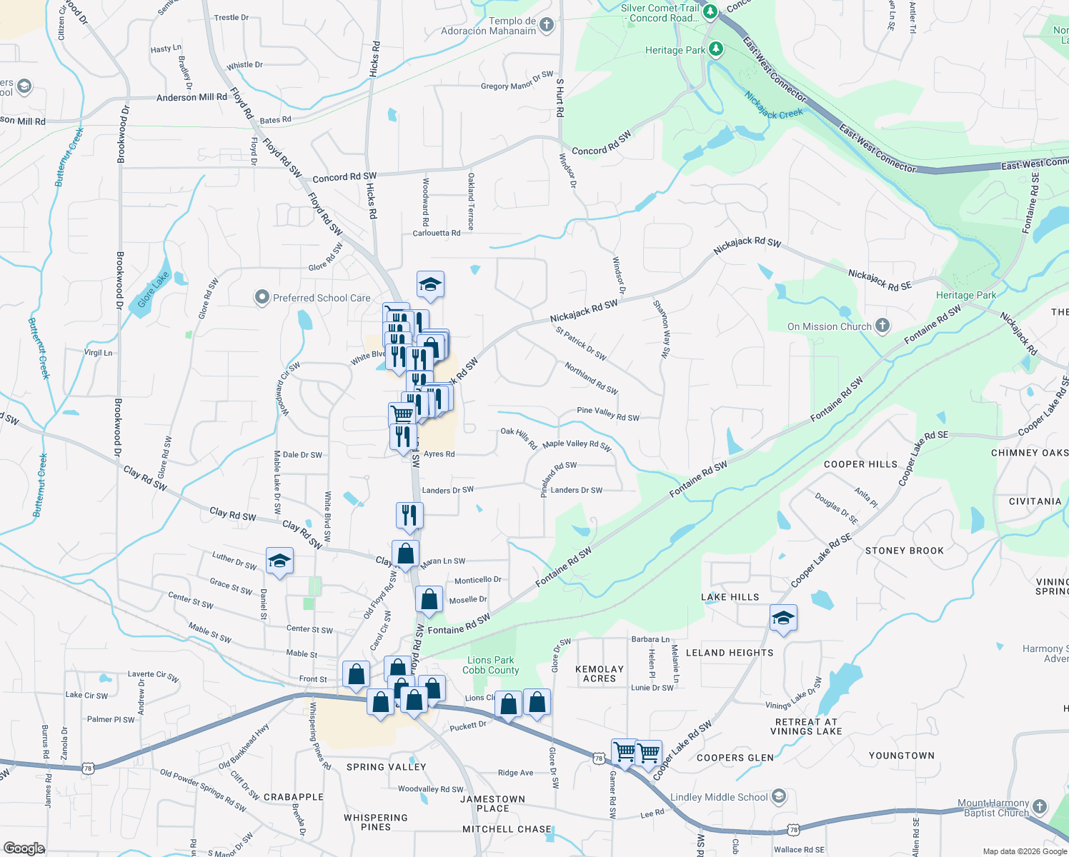 map of restaurants, bars, coffee shops, grocery stores, and more near 516 Oak Hills Road in Mableton