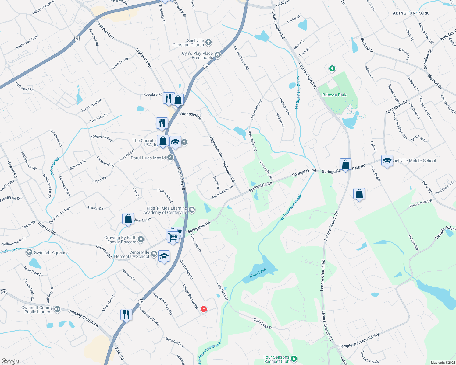 map of restaurants, bars, coffee shops, grocery stores, and more near 2938 Ashly Brooke Ct in Snellville