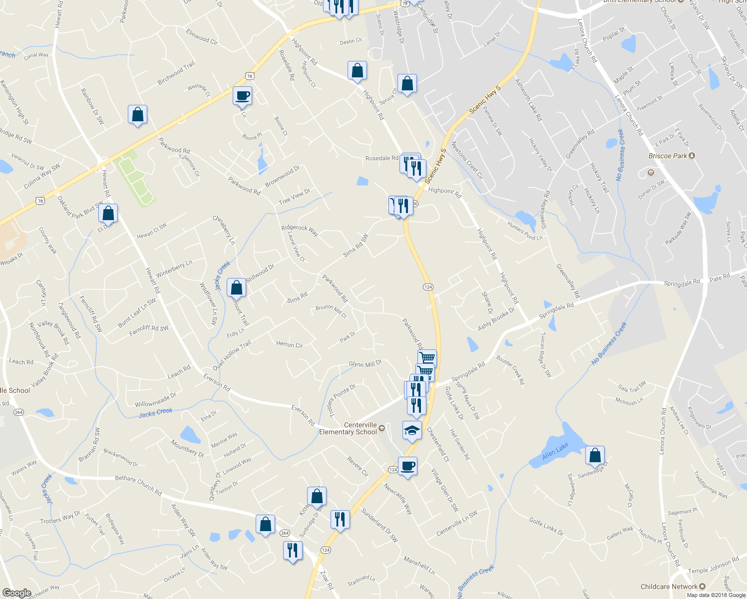 map of restaurants, bars, coffee shops, grocery stores, and more near 3020 Rusticwood Drive Southwest in Snellville