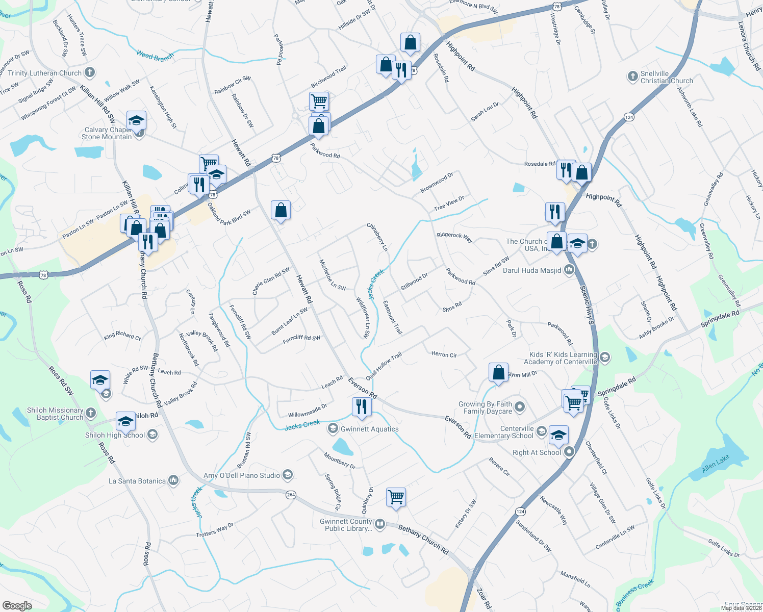 map of restaurants, bars, coffee shops, grocery stores, and more near 2601 Eastmont Trail in Snellville