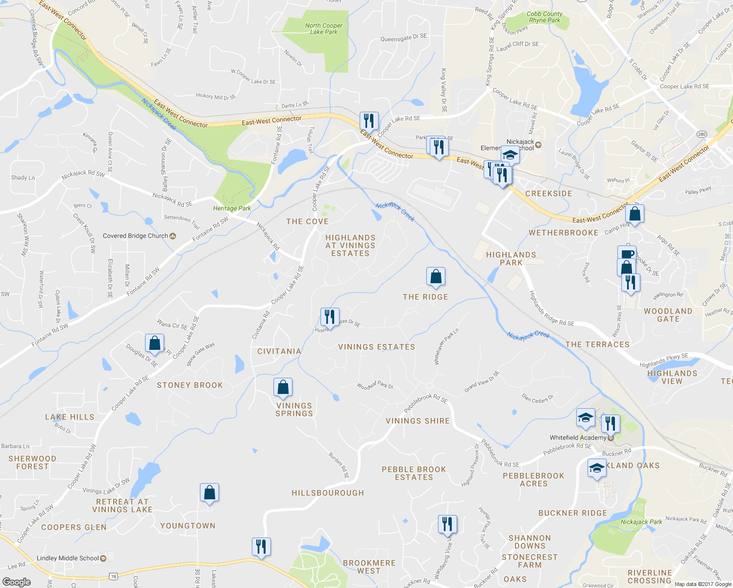 map of restaurants, bars, coffee shops, grocery stores, and more near 5056 Vinings Estates Court Southeast in Mableton
