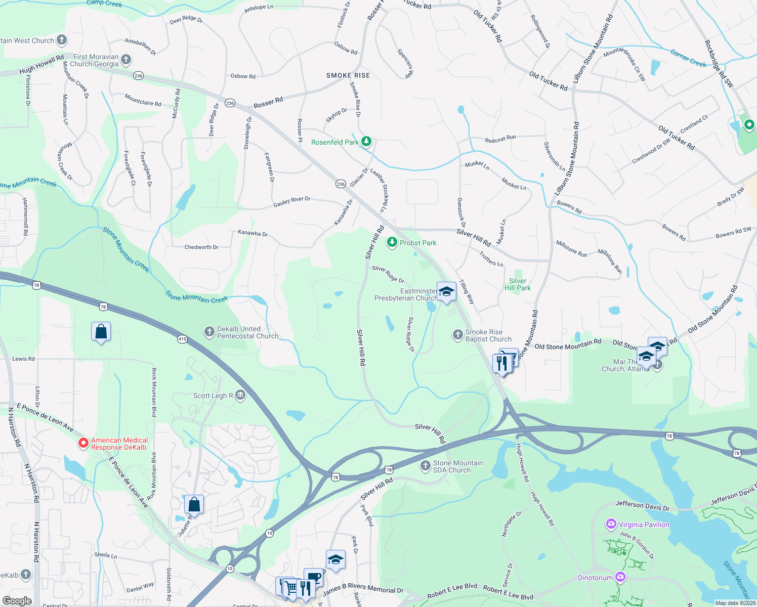 map of restaurants, bars, coffee shops, grocery stores, and more near 1715 Silver Hill Rd in Stone Mountain