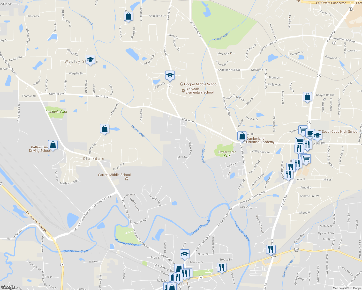 map of restaurants, bars, coffee shops, grocery stores, and more near 2756 Whitewater Court in Austell