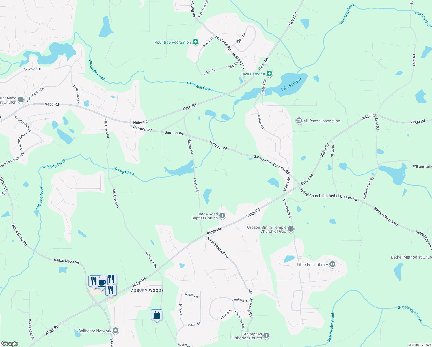 map of restaurants, bars, coffee shops, grocery stores, and more near 117 Mill Chase Court in Hiram