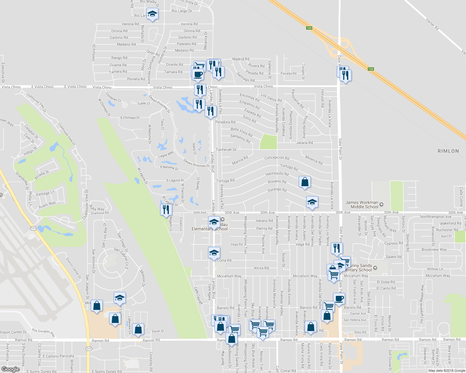 map of restaurants, bars, coffee shops, grocery stores, and more near 68130 Hermosillo Road in Cathedral City