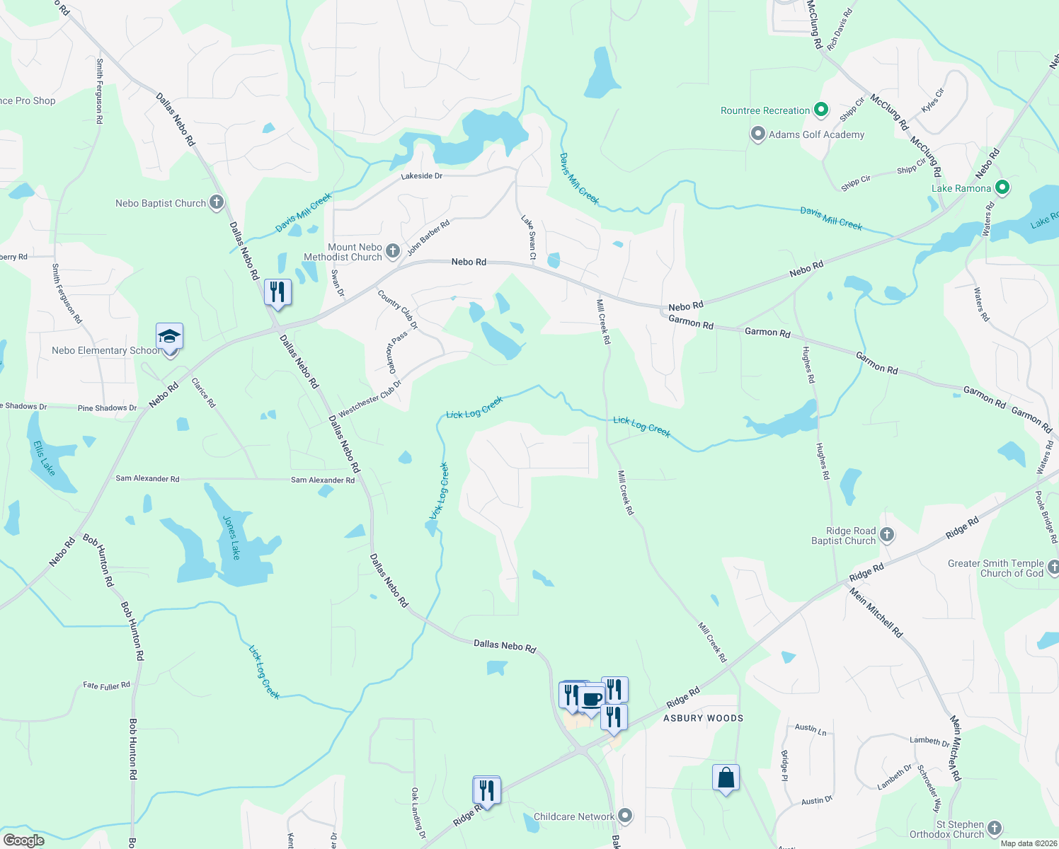 map of restaurants, bars, coffee shops, grocery stores, and more near 136 Creekside View in Hiram