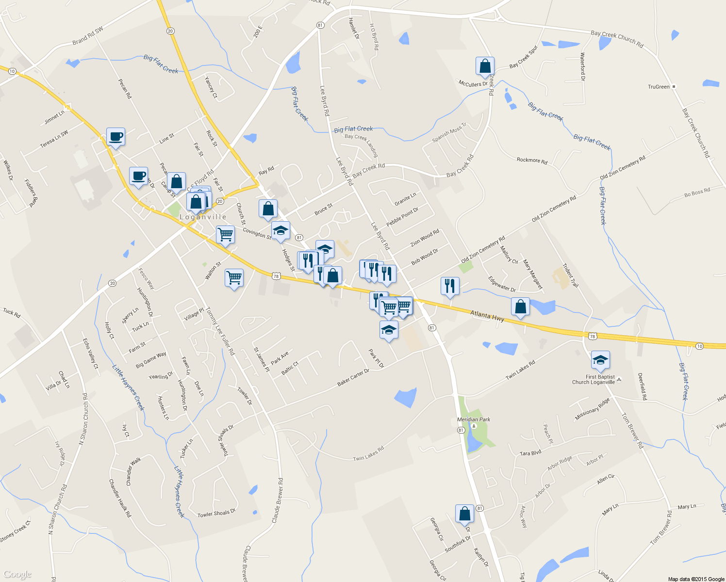 map of restaurants, bars, coffee shops, grocery stores, and more near 5357 Highway 81 in Loganville