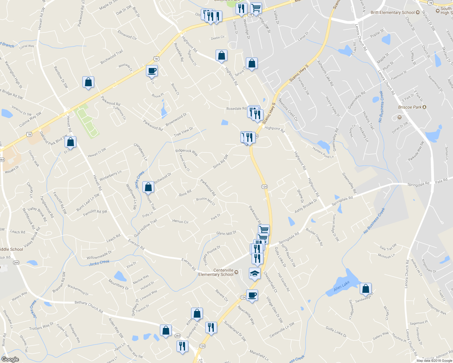 map of restaurants, bars, coffee shops, grocery stores, and more near 2989 Rusticwood Dr SW in Snellville