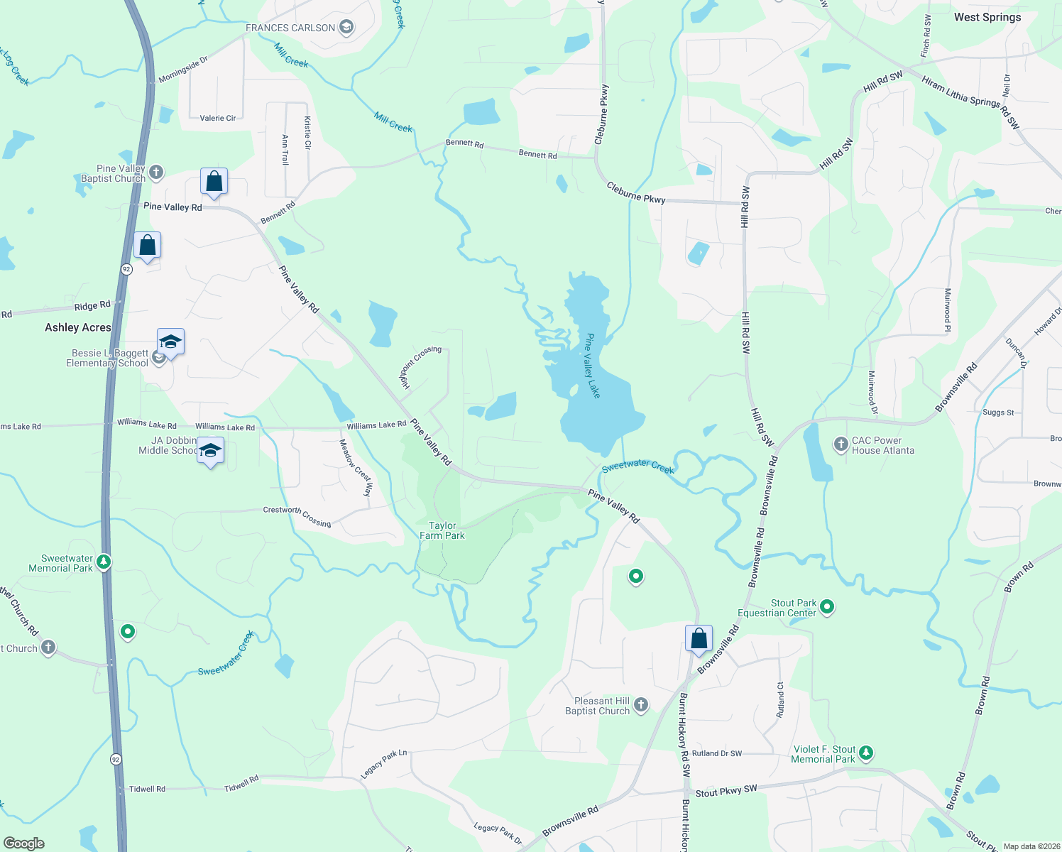 map of restaurants, bars, coffee shops, grocery stores, and more near 58 Lakeland Ct in Powder Springs