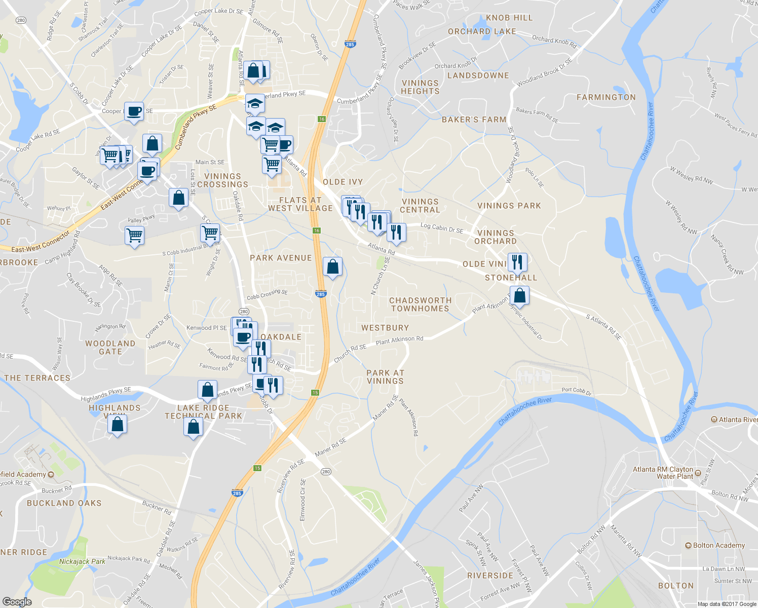 map of restaurants, bars, coffee shops, grocery stores, and more near 4805 Payson Place in Smyrna