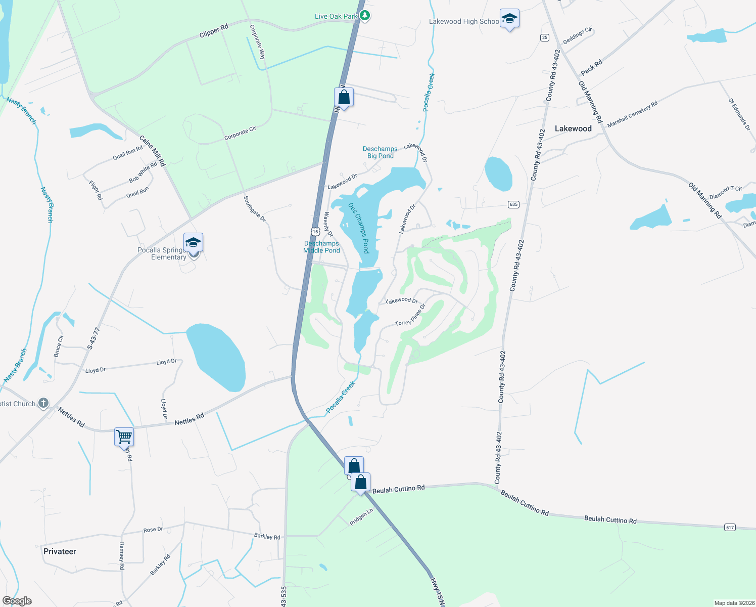 map of restaurants, bars, coffee shops, grocery stores, and more near 250 Lakewood Drive in Sumter