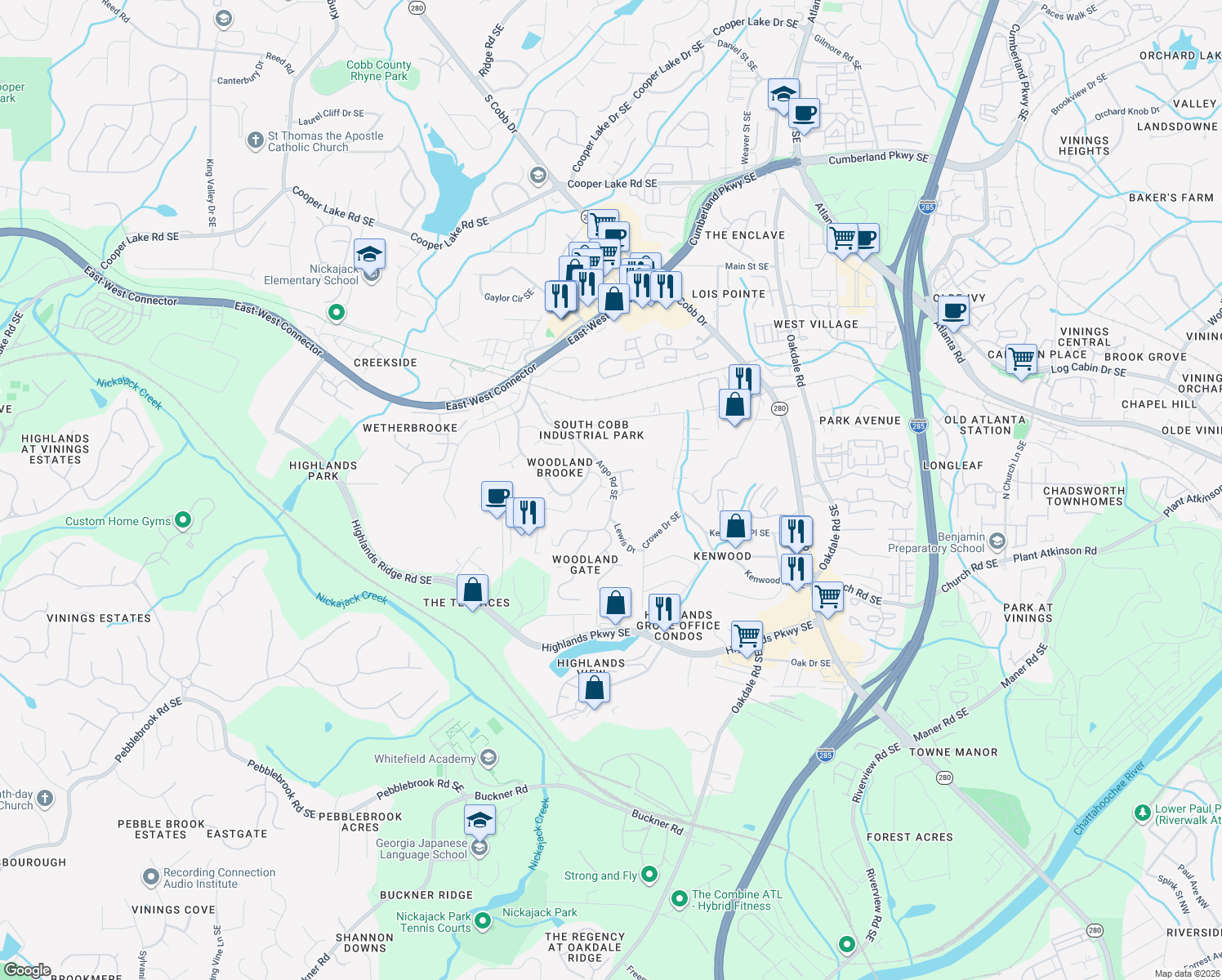 map of restaurants, bars, coffee shops, grocery stores, and more near 4913 Durley Ln SE in Smyrna
