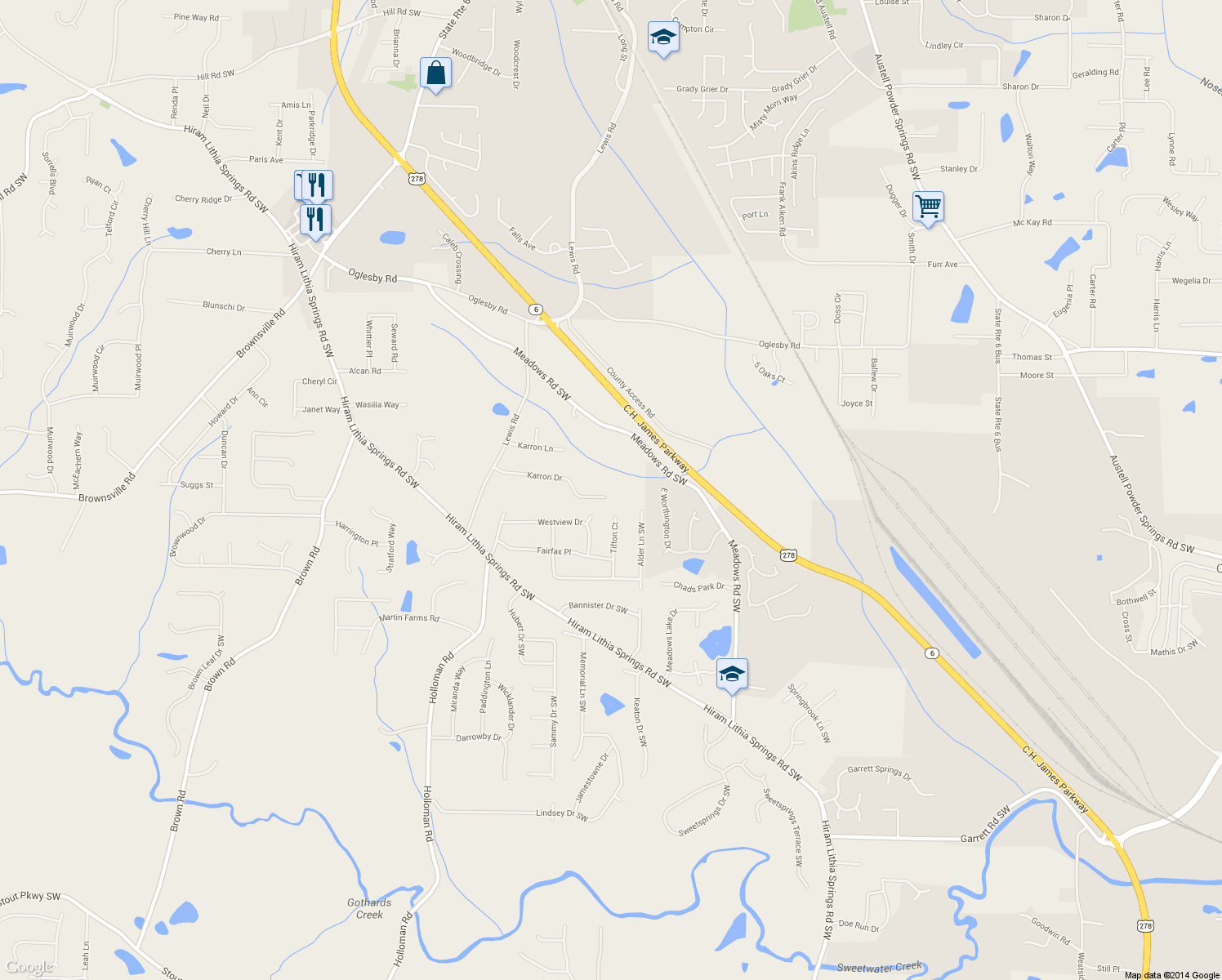 map of restaurants, bars, coffee shops, grocery stores, and more near 4408 Karron Drive in Powder Springs