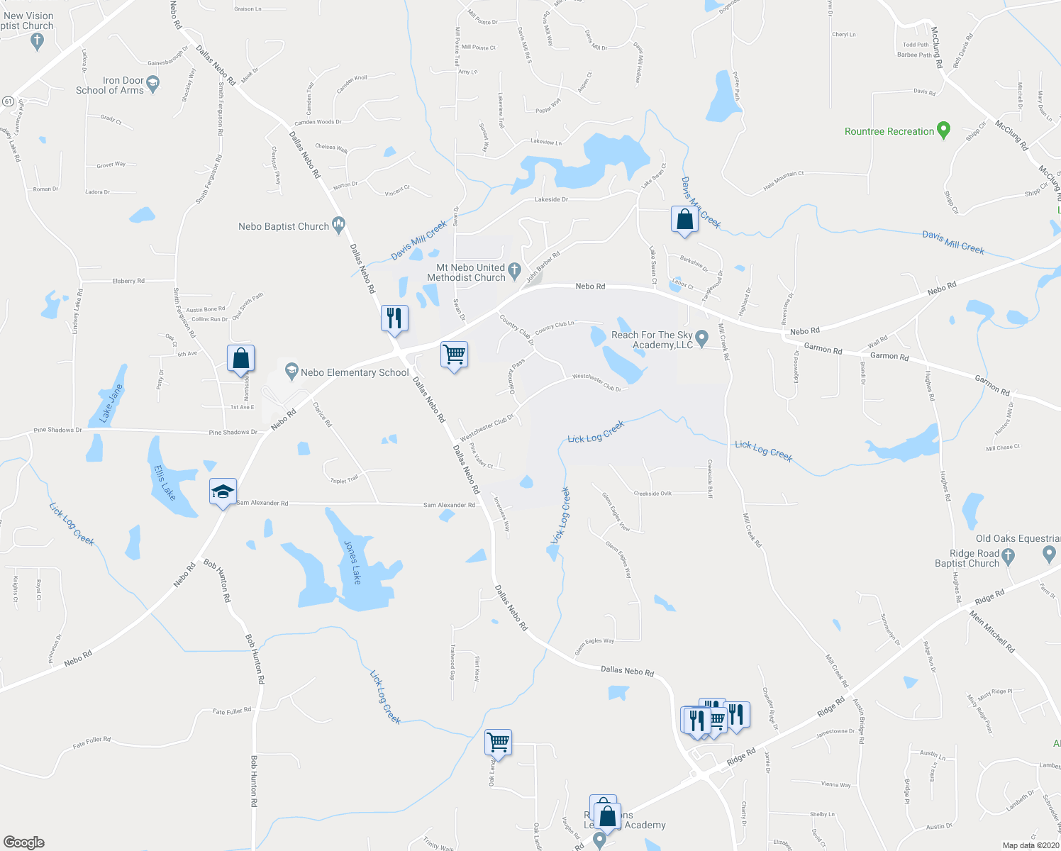 map of restaurants, bars, coffee shops, grocery stores, and more near 51 Muirfield Court in Hiram
