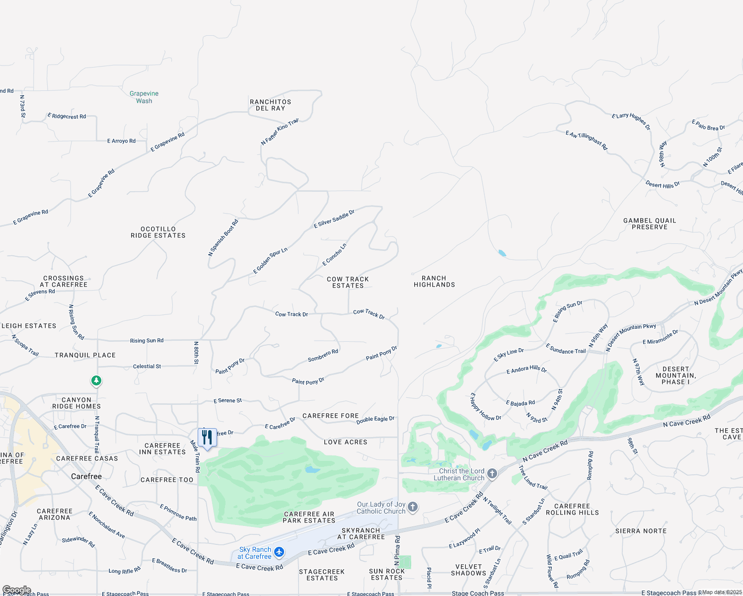 map of restaurants, bars, coffee shops, grocery stores, and more near 8640 East Maverick Court in Carefree