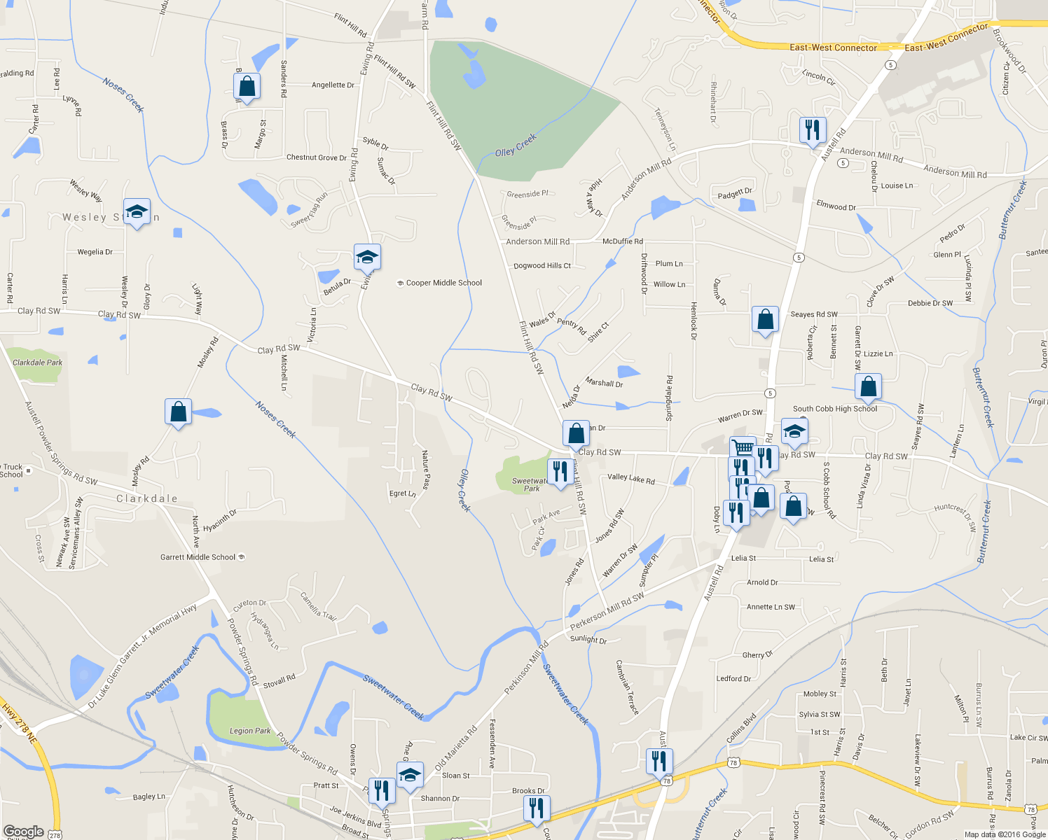 map of restaurants, bars, coffee shops, grocery stores, and more near 4921 Jocks Ln in Austell