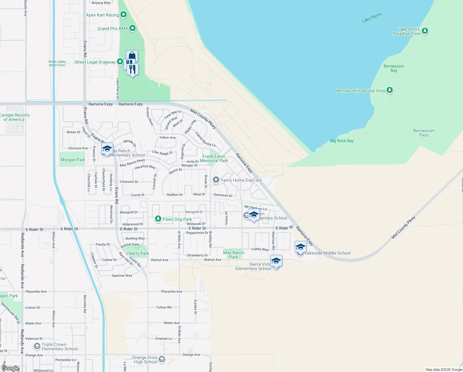 map of restaurants, bars, coffee shops, grocery stores, and more near 1737 Dobell St in Perris