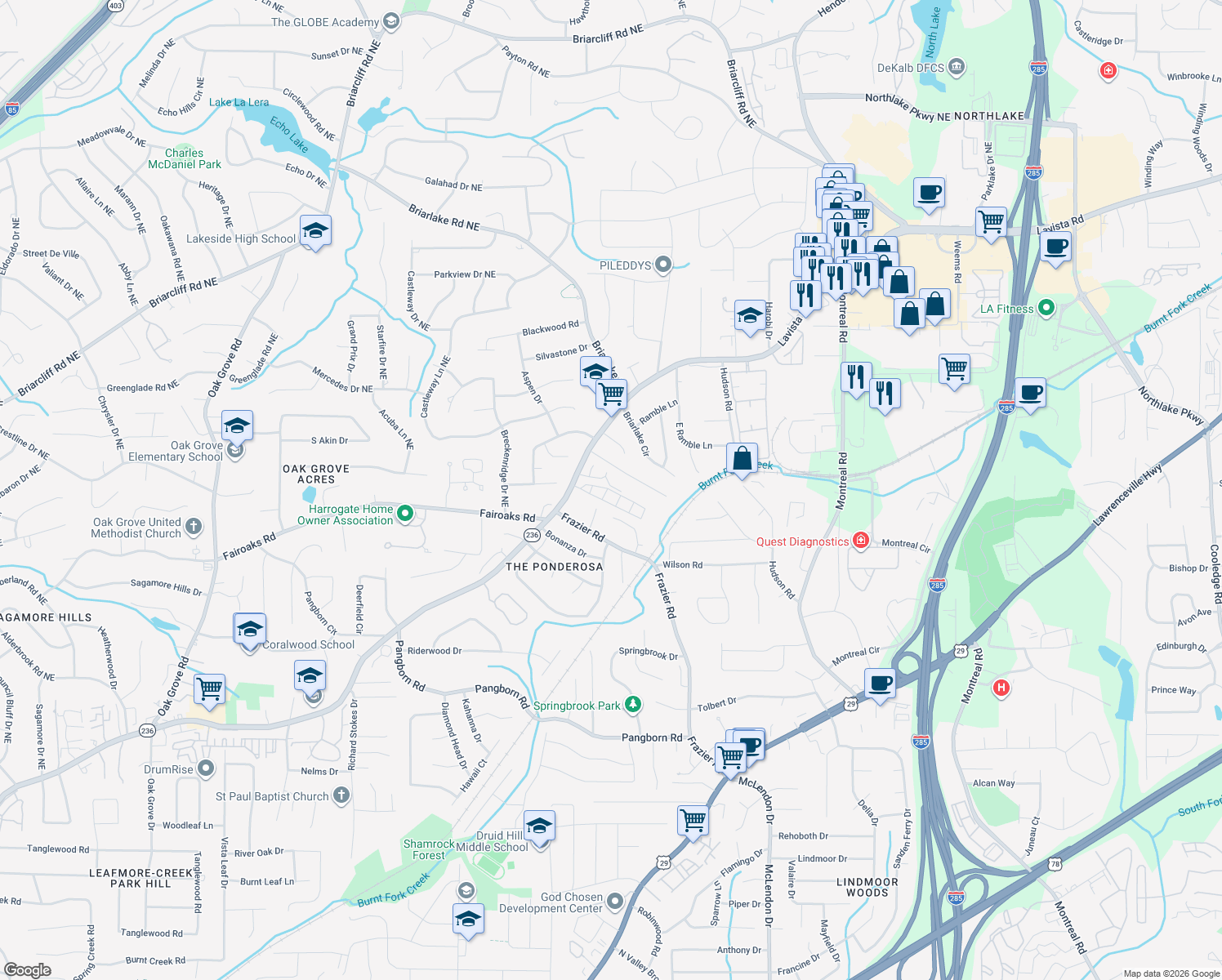 map of restaurants, bars, coffee shops, grocery stores, and more near 2914 Lavista Way in Decatur