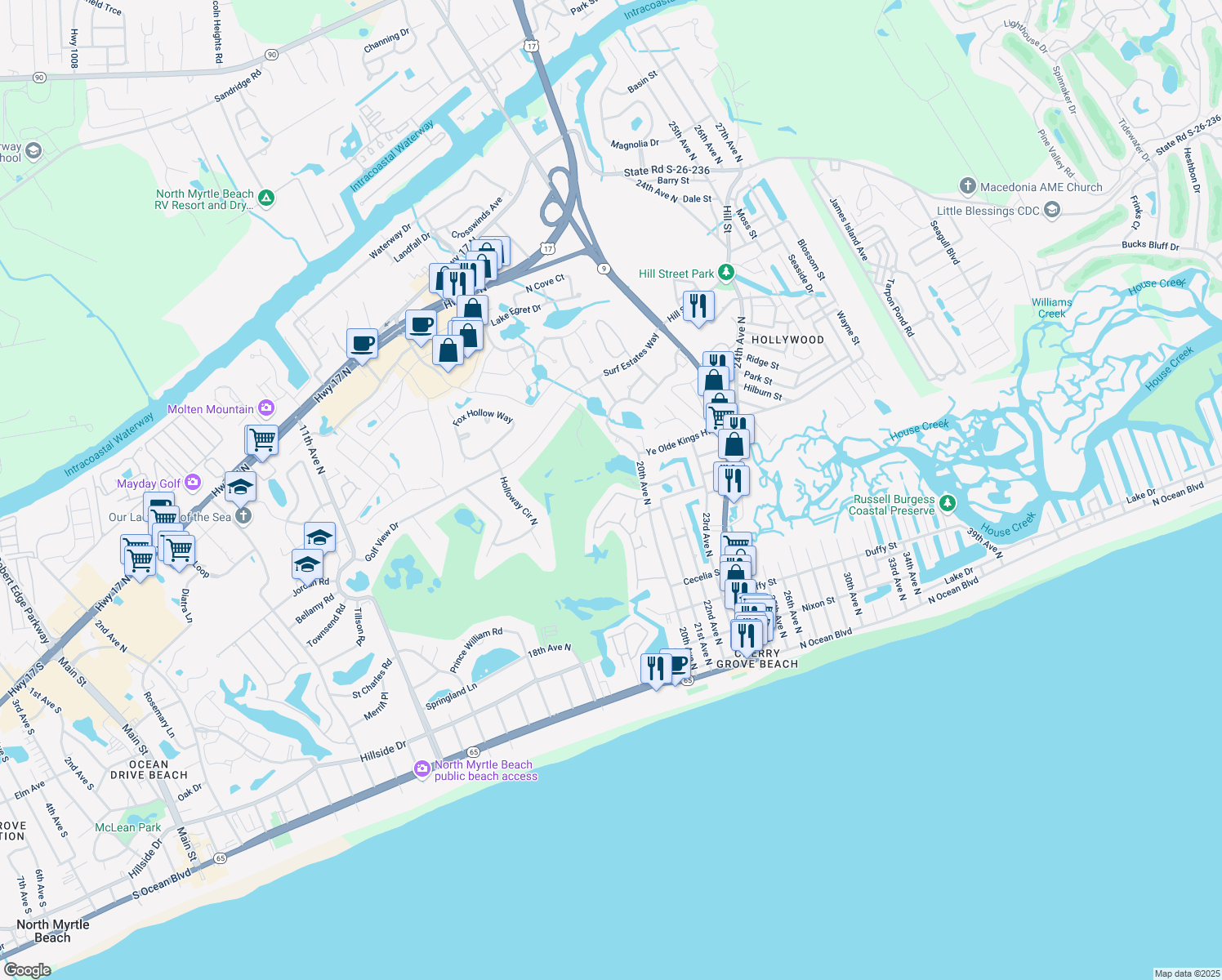map of restaurants, bars, coffee shops, grocery stores, and more near 53B 20th Ave N in North Myrtle Beach