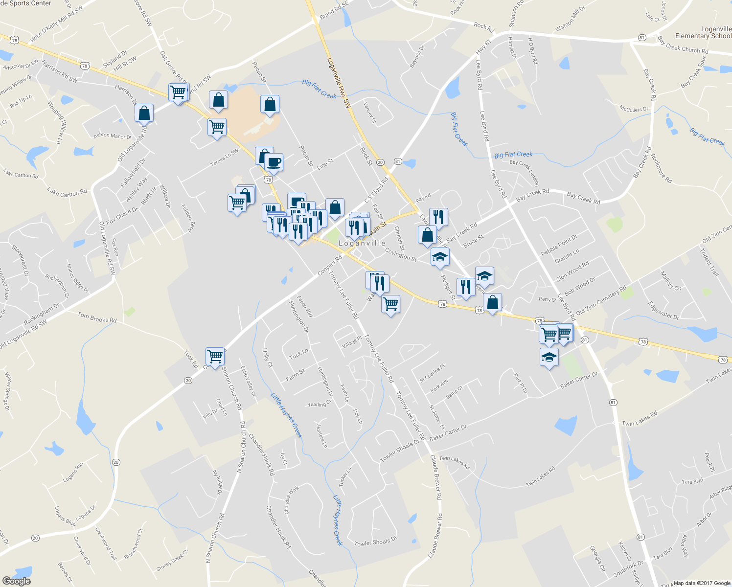map of restaurants, bars, coffee shops, grocery stores, and more near 171 Walton Street in Loganville