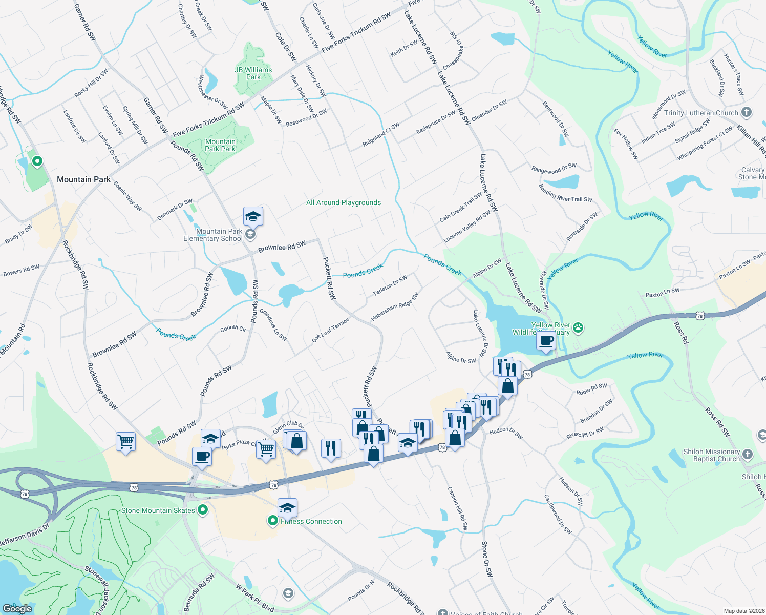 map of restaurants, bars, coffee shops, grocery stores, and more near 4887 Habersham Ridge SW in Lilburn
