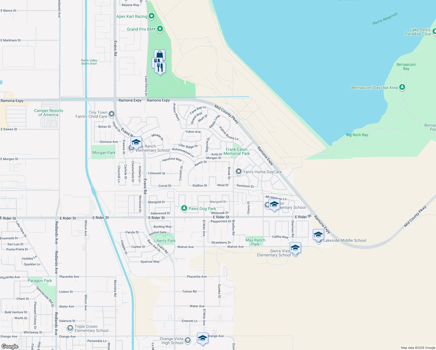 map of restaurants, bars, coffee shops, grocery stores, and more near 1522 Pasture Lane in Perris