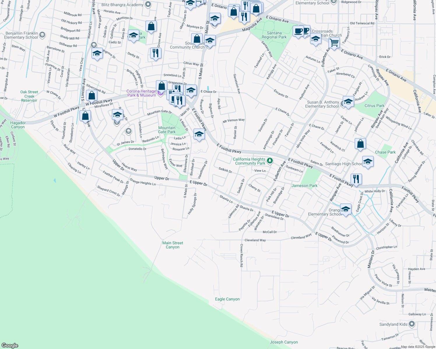 map of restaurants, bars, coffee shops, grocery stores, and more near 363 Appleby Street in Corona
