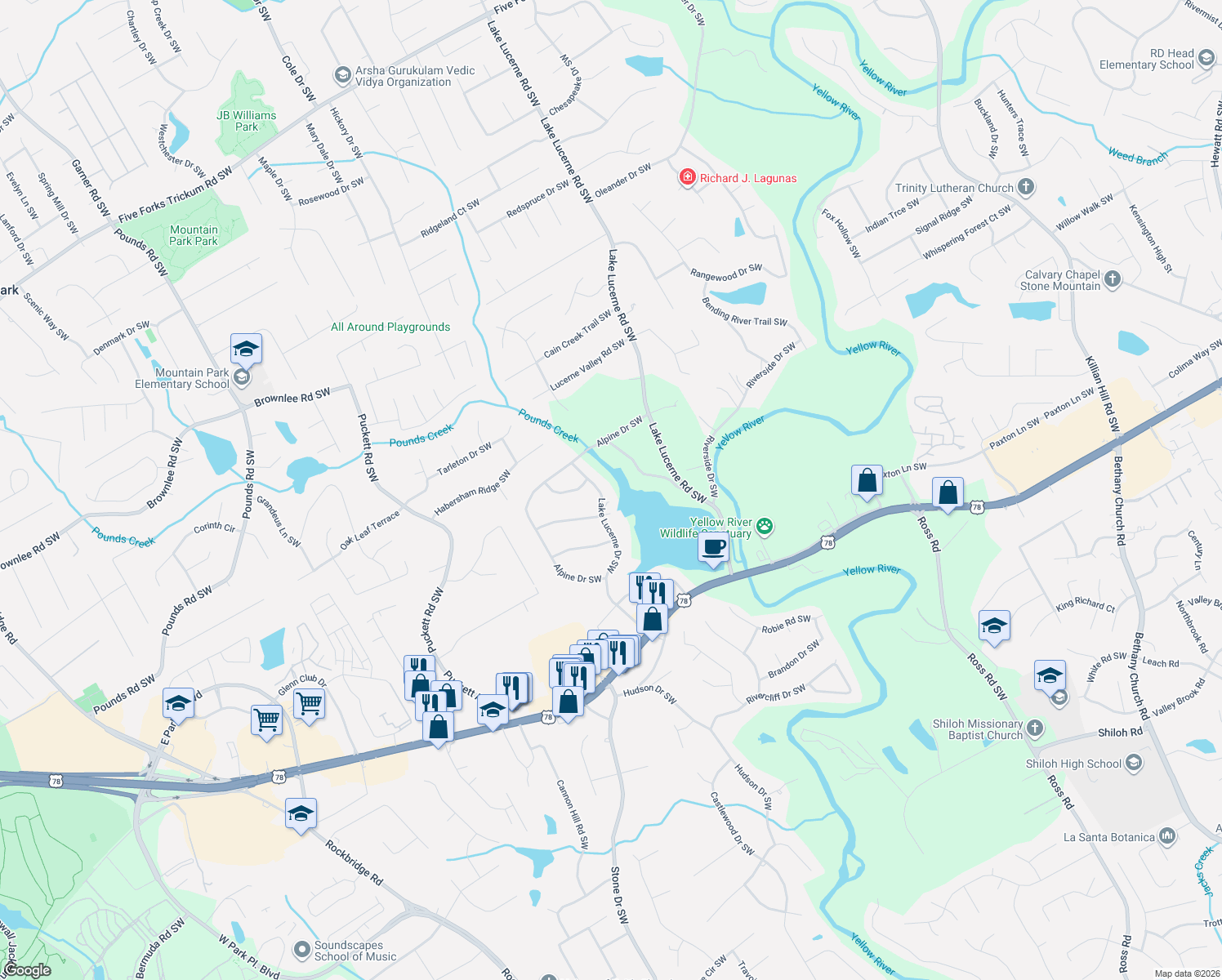 map of restaurants, bars, coffee shops, grocery stores, and more near 1872 Lake Lucerne Drive Southwest in Lilburn