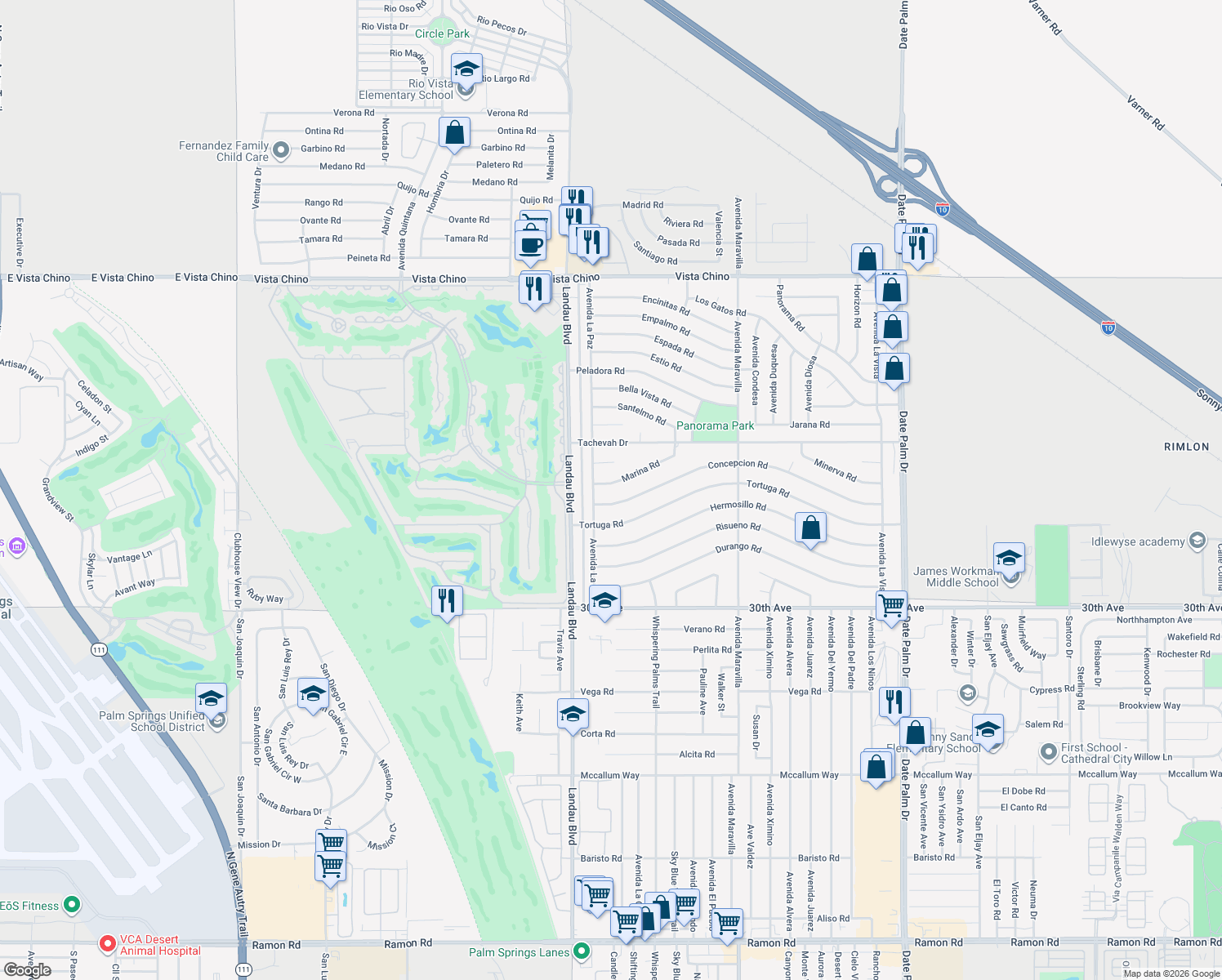 map of restaurants, bars, coffee shops, grocery stores, and more near 68115 Marina Road in Cathedral City