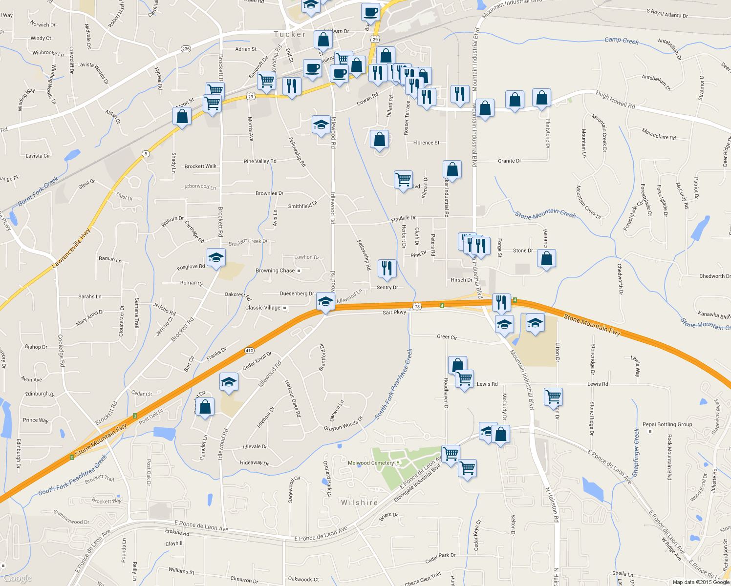 map of restaurants, bars, coffee shops, grocery stores, and more near 4413 Idlewood Ln in Tucker