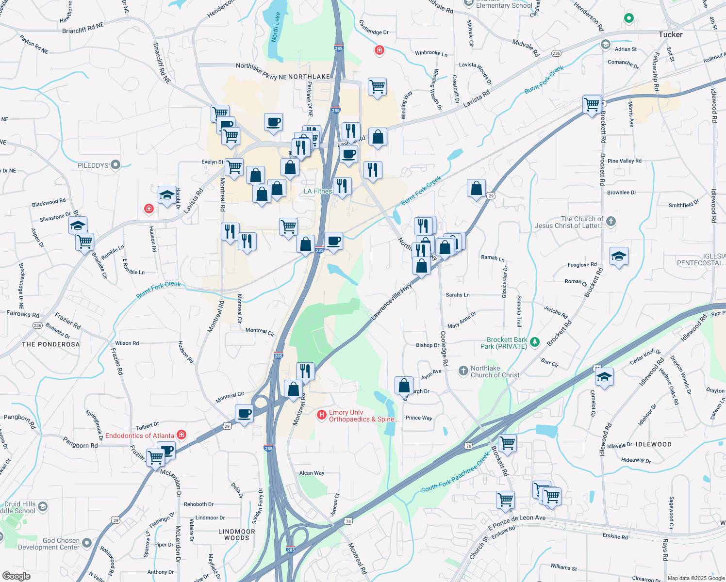 map of restaurants, bars, coffee shops, grocery stores, and more near 3530 Terri Lynn Ct in Tucker