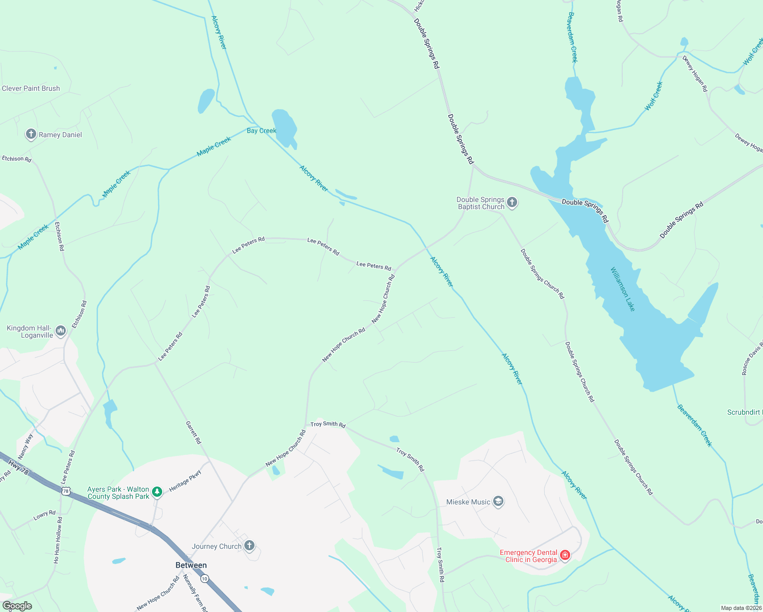 map of restaurants, bars, coffee shops, grocery stores, and more near 1239 New Hope Church Road in Loganville