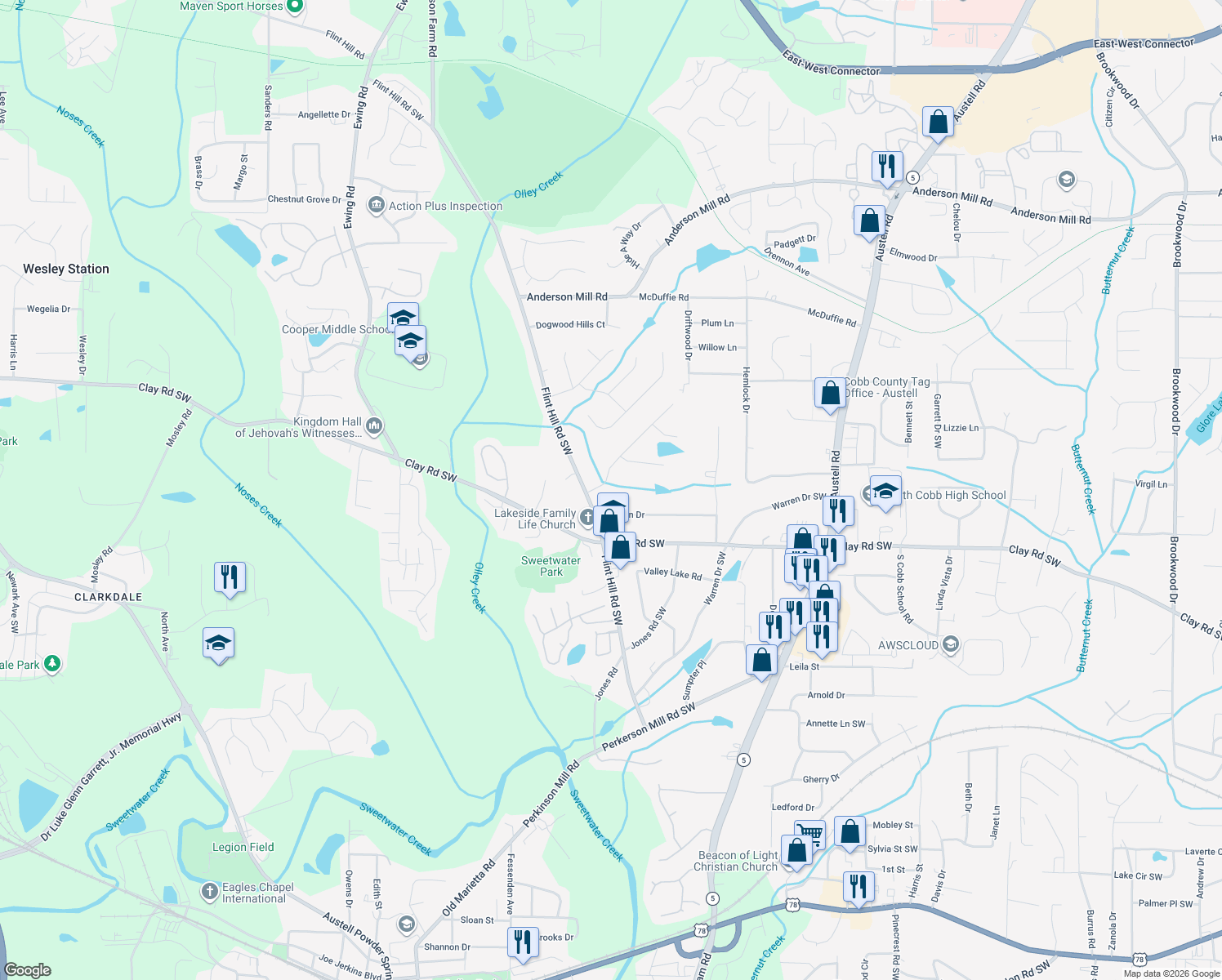 map of restaurants, bars, coffee shops, grocery stores, and more near 4833 Nelda Drive in Austell