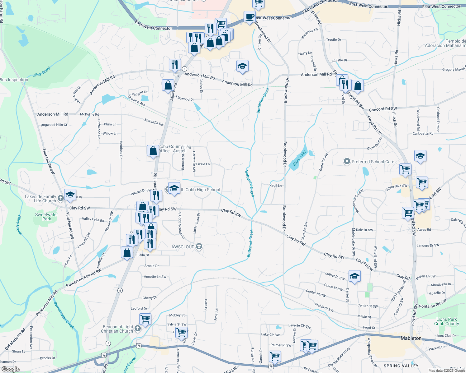 map of restaurants, bars, coffee shops, grocery stores, and more near 4869 Nesta Ct SW in Mableton