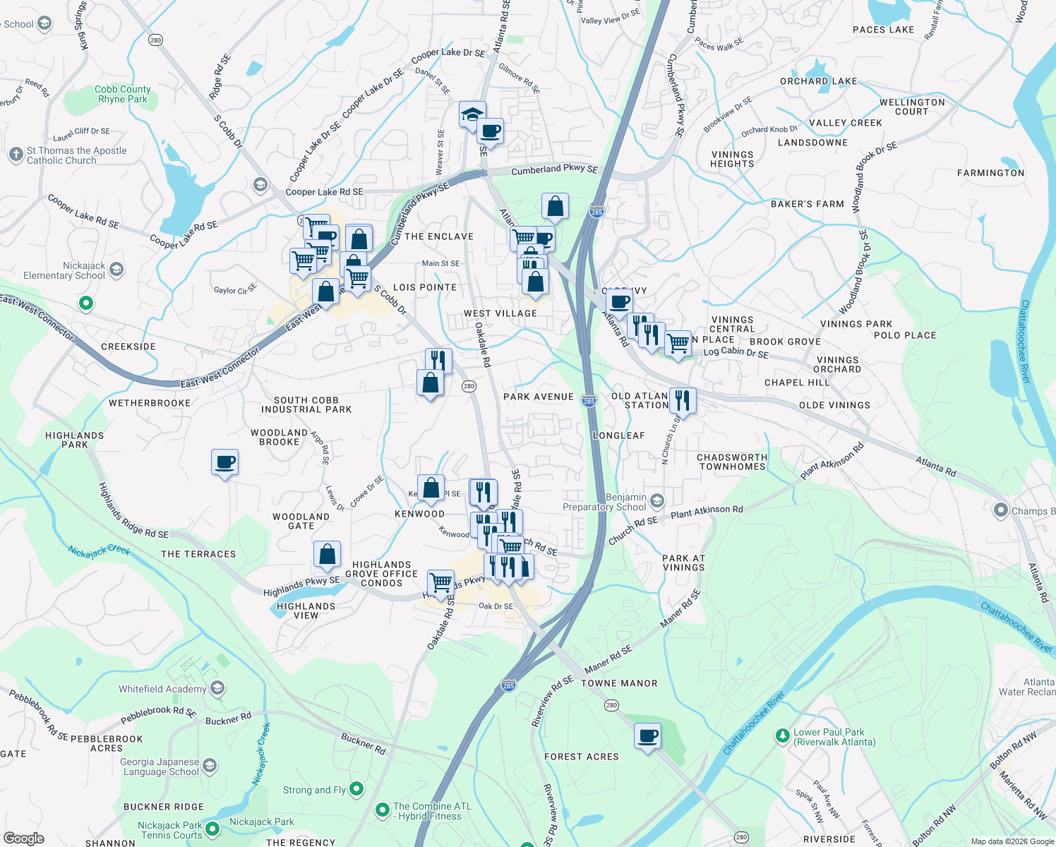 map of restaurants, bars, coffee shops, grocery stores, and more near 2235 Millhaven Street in Smyrna