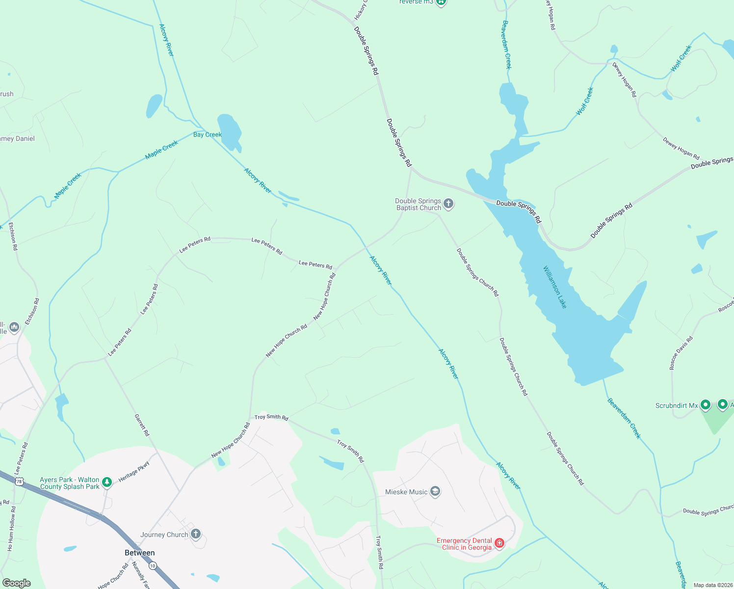 map of restaurants, bars, coffee shops, grocery stores, and more near 658 Alcovy River Drive in Between