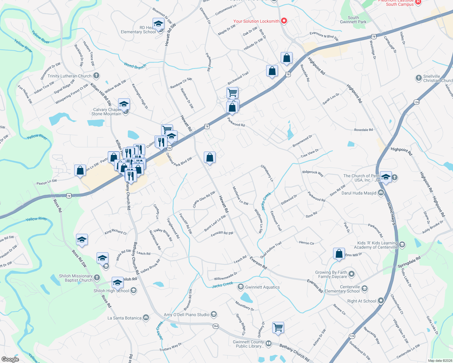 map of restaurants, bars, coffee shops, grocery stores, and more near 3677 Chinaberry Ln in Snellville