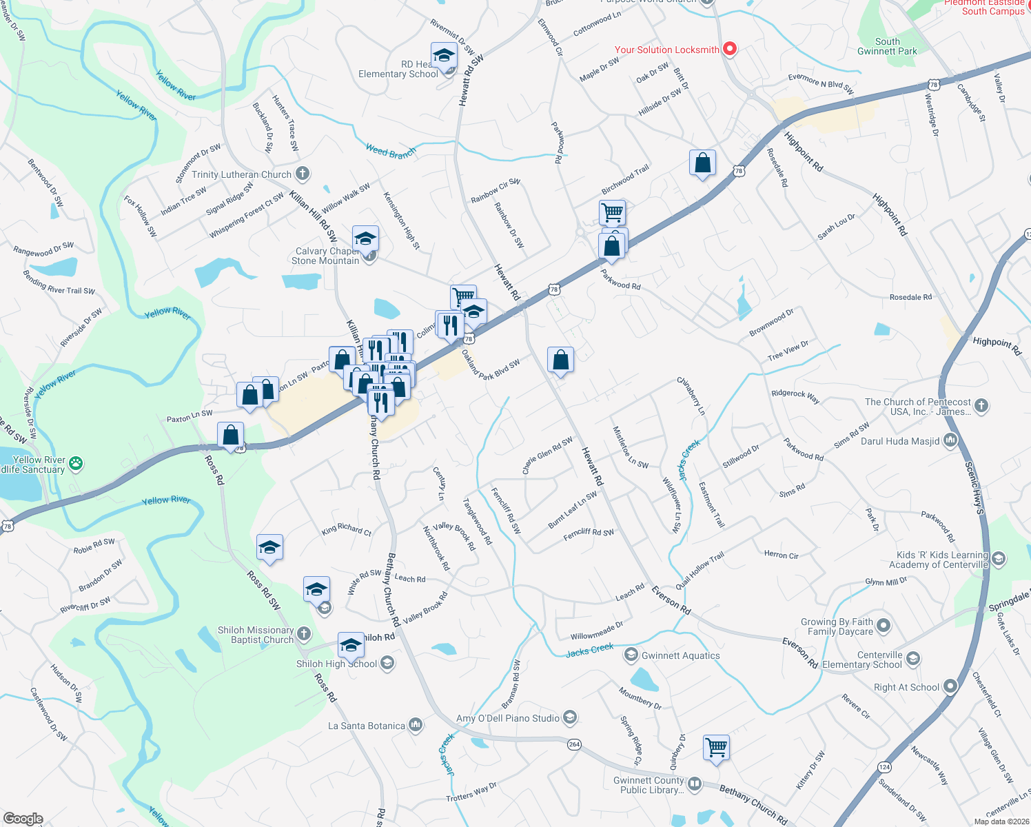 map of restaurants, bars, coffee shops, grocery stores, and more near 2264 Oakland Spring Dr in Snellville