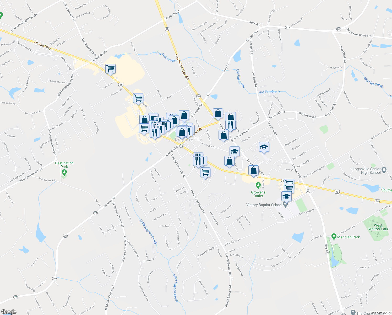 map of restaurants, bars, coffee shops, grocery stores, and more near 4431 Atlanta Highway in Loganville