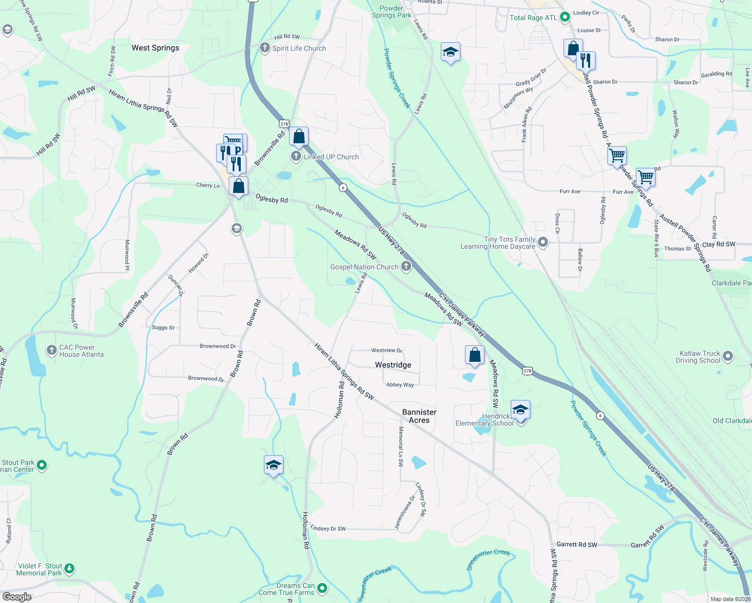 map of restaurants, bars, coffee shops, grocery stores, and more near 4815 Missy Way in Powder Springs