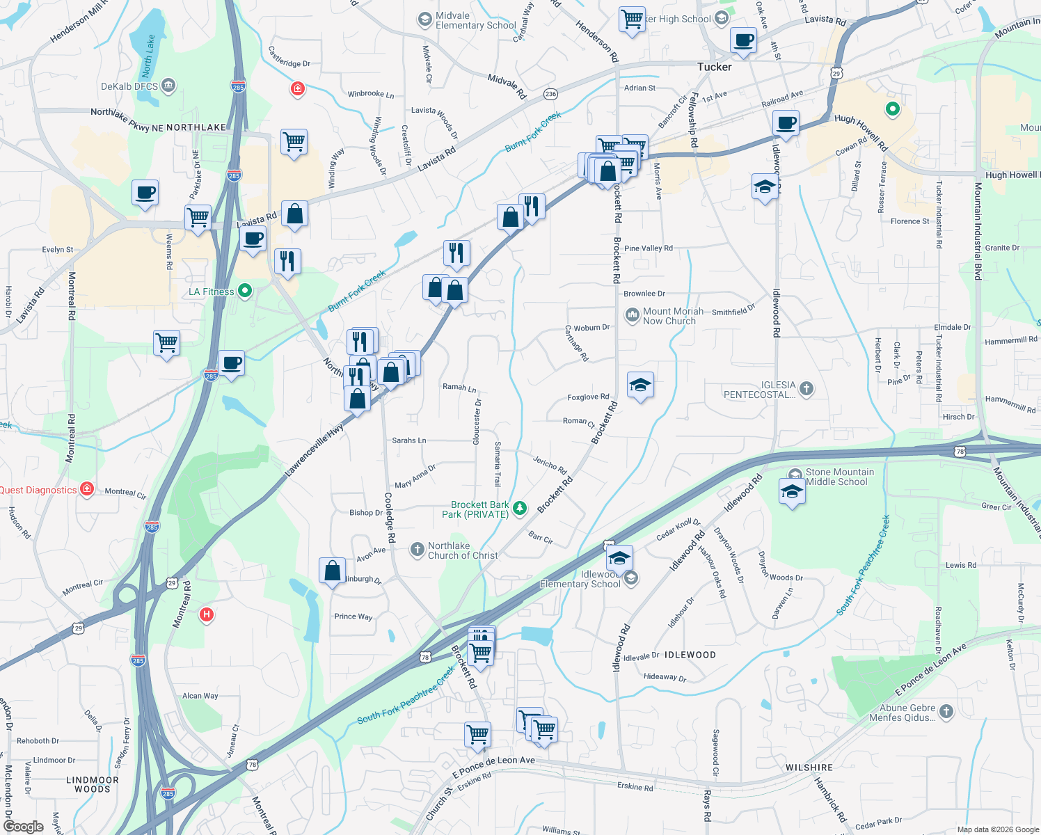 map of restaurants, bars, coffee shops, grocery stores, and more near 3894 Samaria Ct in Tucker