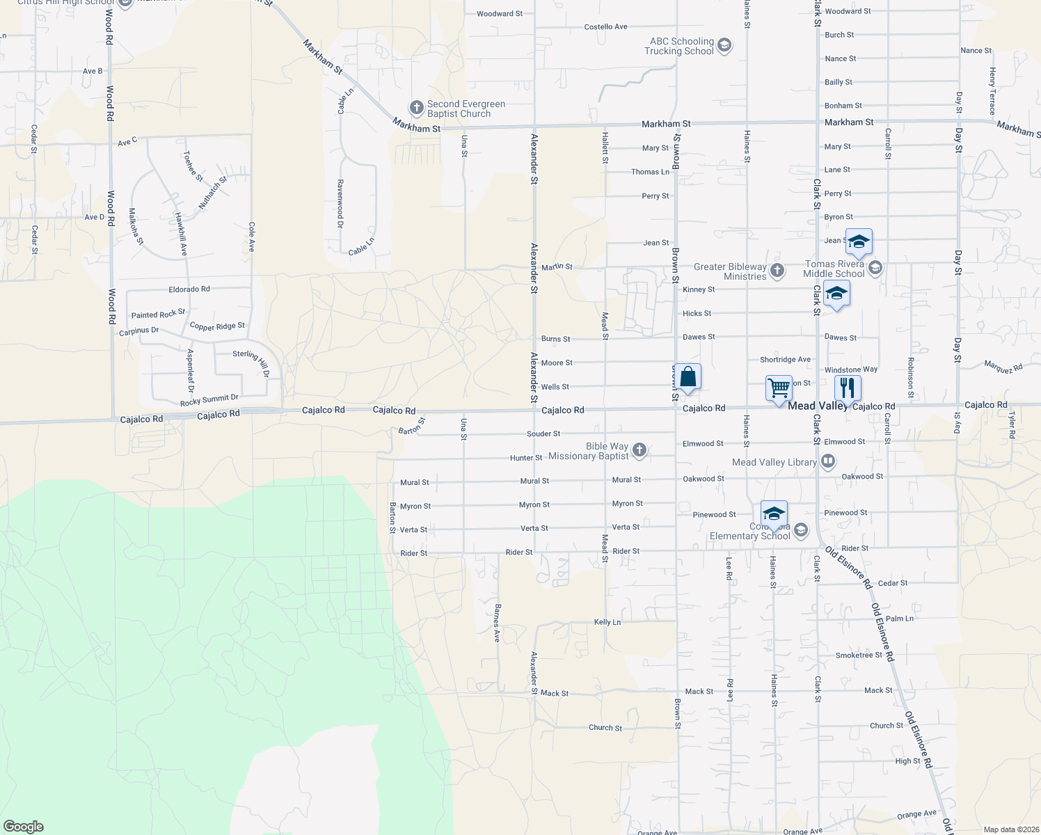 map of restaurants, bars, coffee shops, grocery stores, and more near 20443 Cajalco Road in Perris