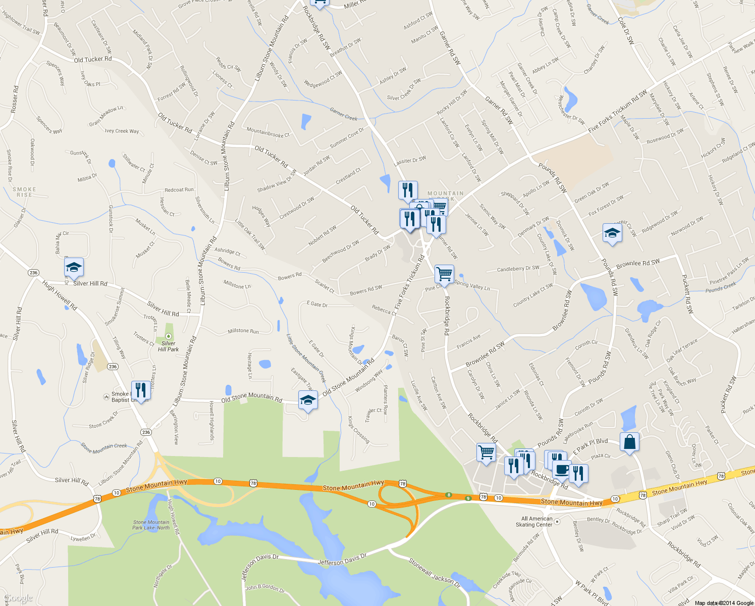 map of restaurants, bars, coffee shops, grocery stores, and more near 5591 Rebecca Court in Stone Mountain