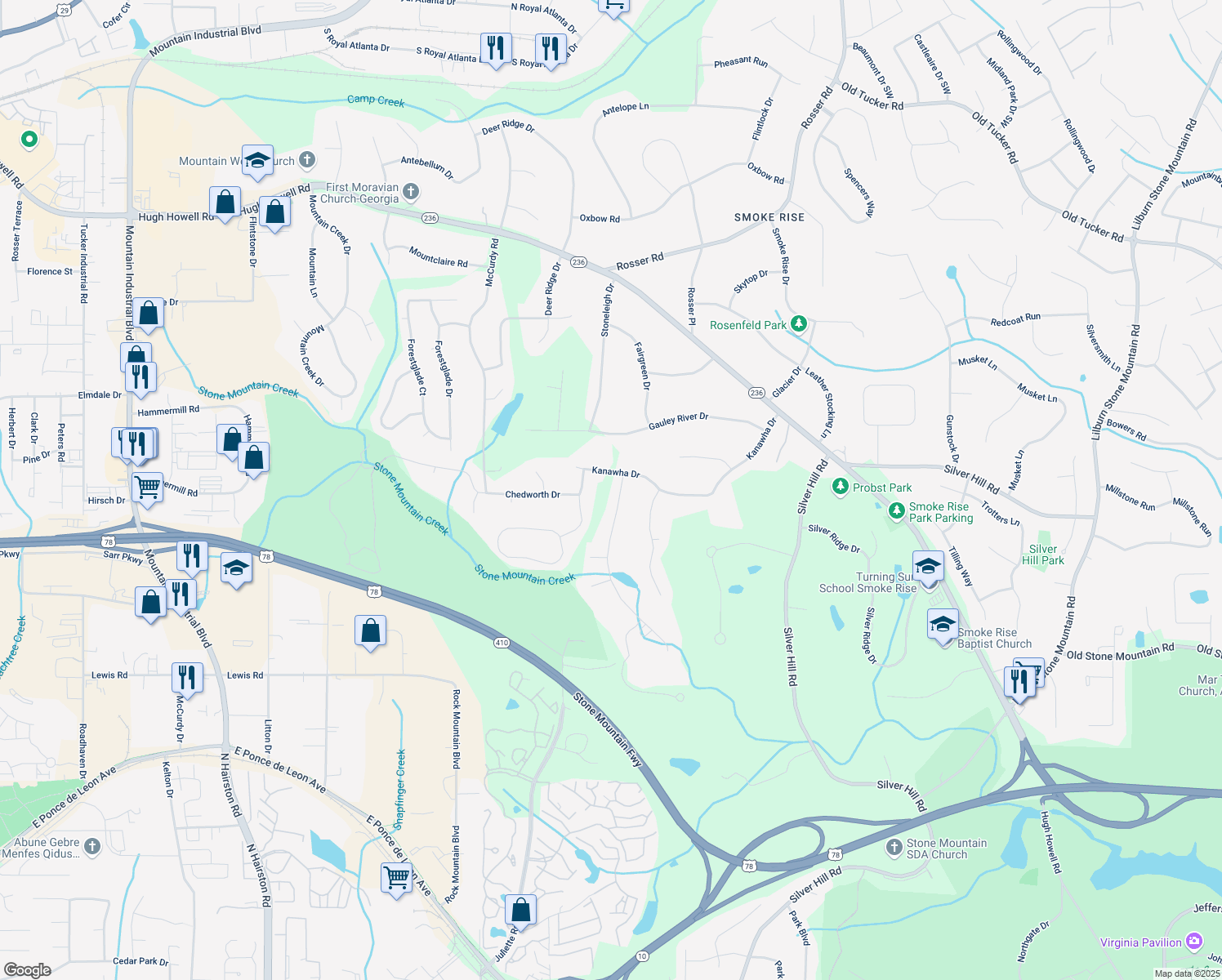 map of restaurants, bars, coffee shops, grocery stores, and more near 1860 Mountain Shadow in Stone Mountain
